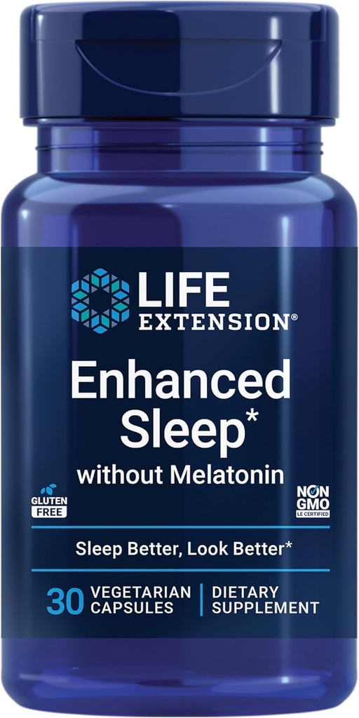 Life Extended Enhanced Sleep without Melatonin, ashwagandha, amla, Casein Milk peptider, melatonin- Free Supplement for Sleep & Stress Support, Gluten- Free, Non- GMO, Vegetar, 30 Kapsler