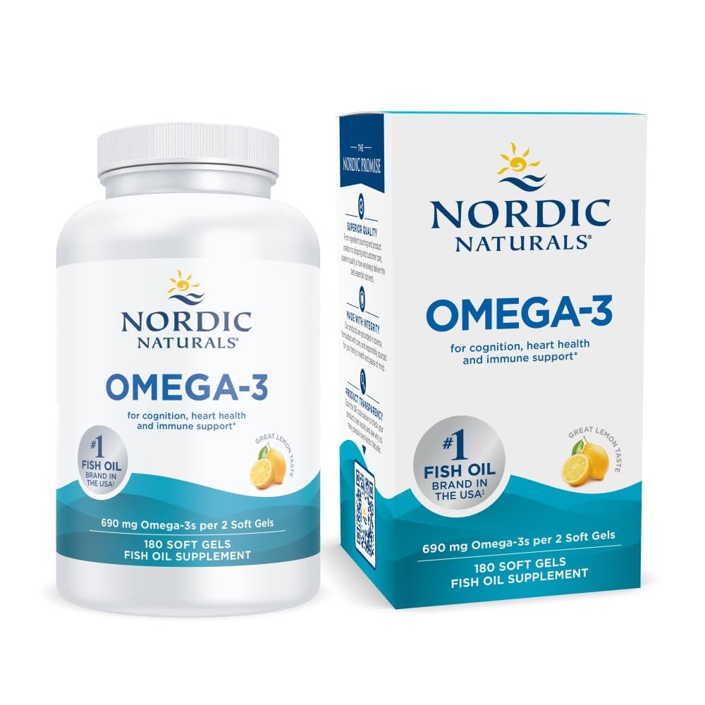 Nordiske Naturals Omega-3, Lemon Flavor - 180 Soft Gels - 690 mg Omega-3 - Fish Oil - EPA & DHA - immunforsvar, hjerne og hjerte sundhed, optimal wellness - non-GMO - 90 Servering