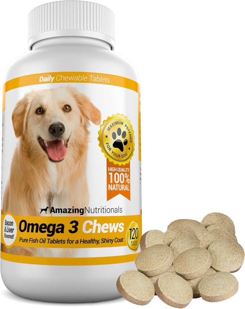 Amazing Omega 3 for hunde - Omega 3 Fish Oil for hunde Supplement til Itchy hudlindring for tør hud og varme spots og afføring Coat med EPA og DHA fedtsyrer - 120 Bacon Flavor tygger