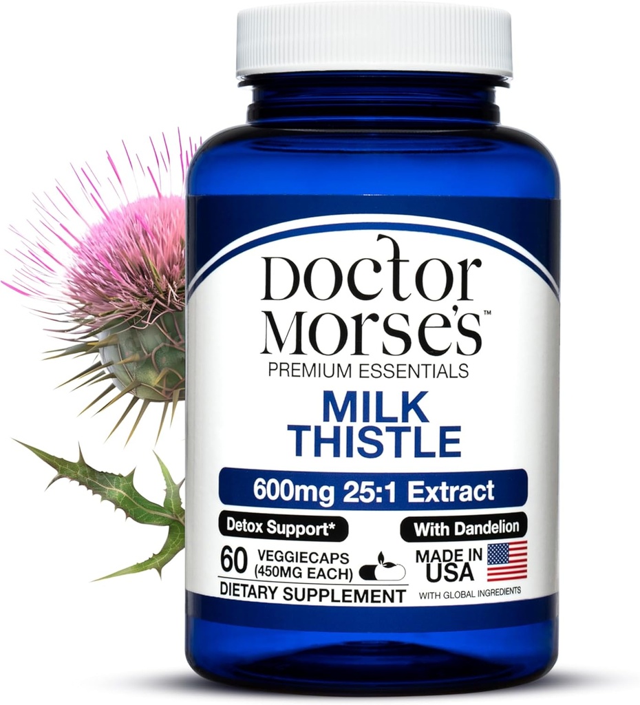 Doctor Morse Milk Thistle Supplement 25: 1 Extract 600mg Tilsvarende 15000mg, Lever Detox Support 4: 1 Extract 300mg Tilsvarende 1200mg Mælkebøtte - FDA Certified Ultra Potent Formel - 60 Caps