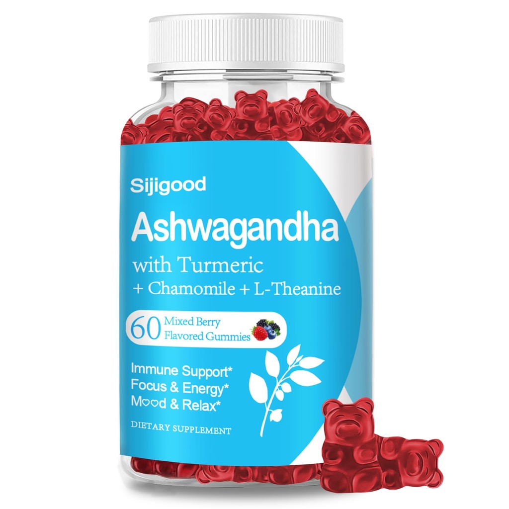 Ashwagandha Gummies med L- theanine, Ashwa Root Supplement Gummy til kvinder Mænd, 60 blandet berry farvet Gummies