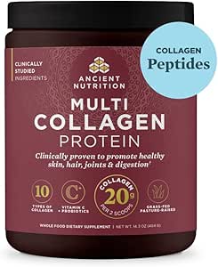 Ancient Nutrition Collagen Peptider Powder, Multi Collagen Protein, Kvinder & Mænd, C-vitamin, Probiotika, Hydrolyseret Collagen, Understøtter Hud, Joints, Gut Sundhed, Unflavored, 40 Servere
