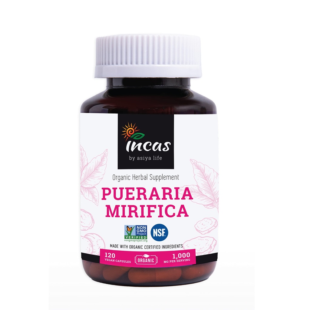 INCAS Organic Pueraria Mirifica 500mg Root Extract Powder Vegan Capsules from Thailand Non GMO Verified Promoes Women 's Health, Organic Natural Herbal