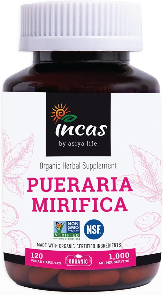 INCAS Organic Pueraria Mirifica 500mg Root Extract Powder Vegan Capsules from Thailand Non GMO Verified Promoes Women 's Health, Organic Natural Herbal