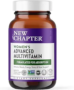 New Chapter Women's Multivitamin Advanced Formula for Stress, Bone, Immune, Beauty & Energy Support, Higher Levels of Whole-Food Fermented Essential Nutrients for Women + Iron + Vitamin D3, 120 Count