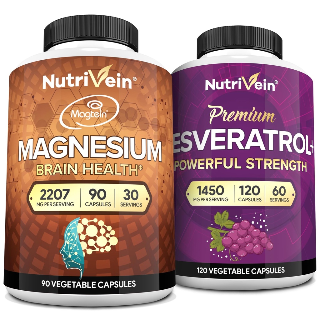 Nutrivein Premium Magnesium L- Threonate & Resveratrol Supplement Bundle: High- Absorption Magnesium Threonate og Resveratrol kapsler til reparation, forsvar, & Vitality
