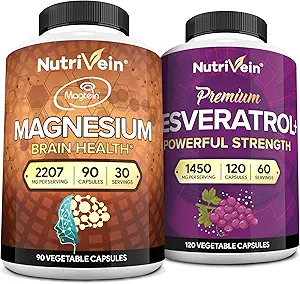 Nutrivein Premium Magnesium L- Threonate & Resveratrol Supplement Bundle: High- Absorption Magnesium Threonate og Resveratrol kapsler til reparation, forsvar, & Vitality