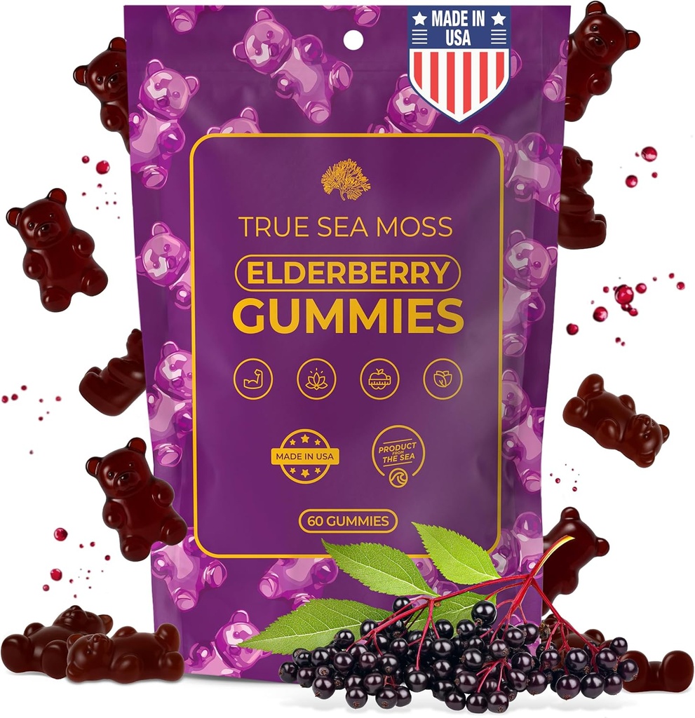 TrueSeaMoss Sea Moss Elderberry Gummies for Adults & Kids – with Burdock Root, Bladderwrack & Magnesium – Vegan, Non-GMO Formula – Made in USA – 60 Gummies