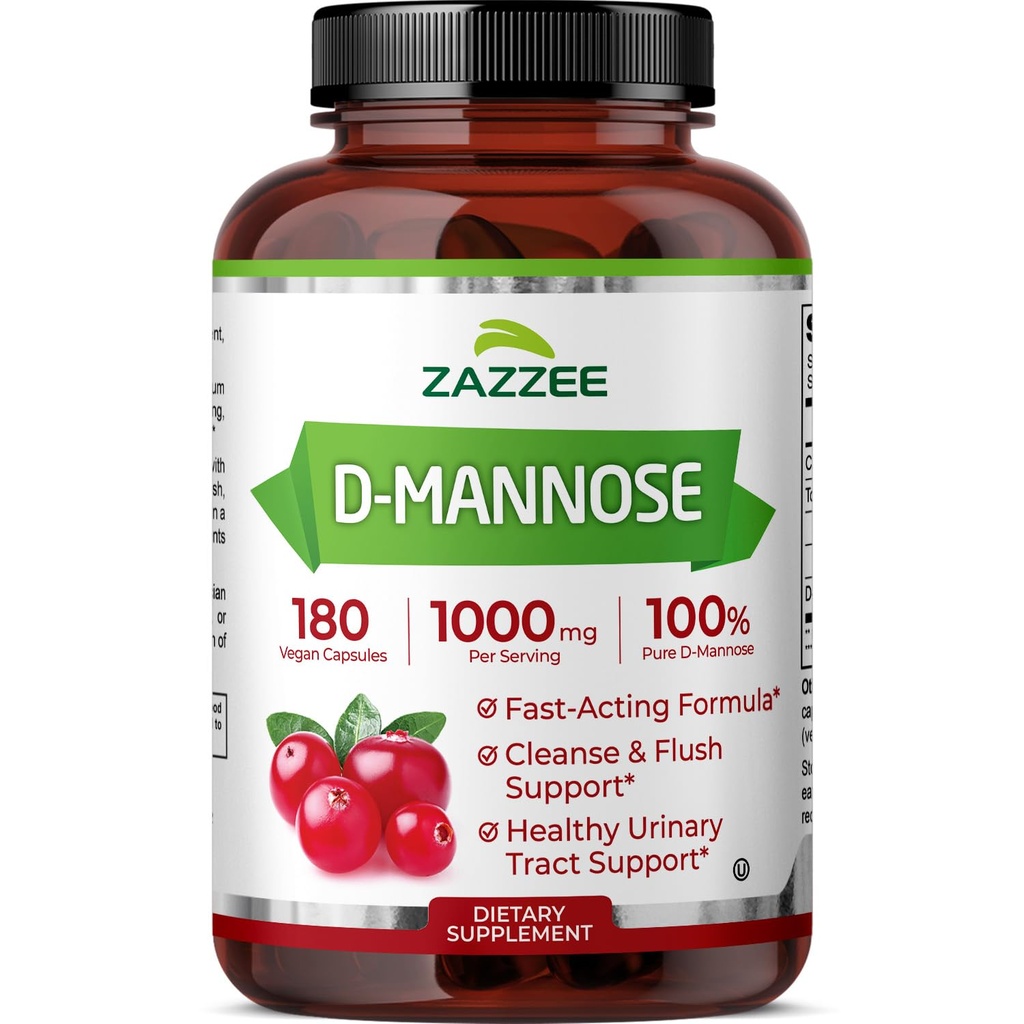 Zazzee D- Mannose, 1000 mg per servering, 180 Vegankapsler, 3 måneders forsyning, Potent & Fast- Actioned, Certified Kosher, 100% Pure, All- Natural Urinary Tract Health Support, 100% Vegetar, Non- GMO