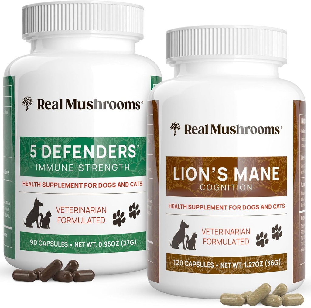 Real Mushrooms 5 Defenders for Kæledyr (90ct) og Lions Mane for Kæledyr (120ct) - Bundle for immunstyrke & Kognition - Vegan, Non- GMO, Gluten- Free, Grain- Free Mushroom Kæledyr Kosttilskud