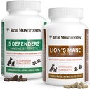 Real Mushrooms 5 Defenders for Kæledyr (90ct) og Lions Mane for Kæledyr (120ct) - Bundle for immunstyrke & Kognition - Vegan, Non- GMO, Gluten- Free, Grain- Free Mushroom Kæledyr Kosttilskud