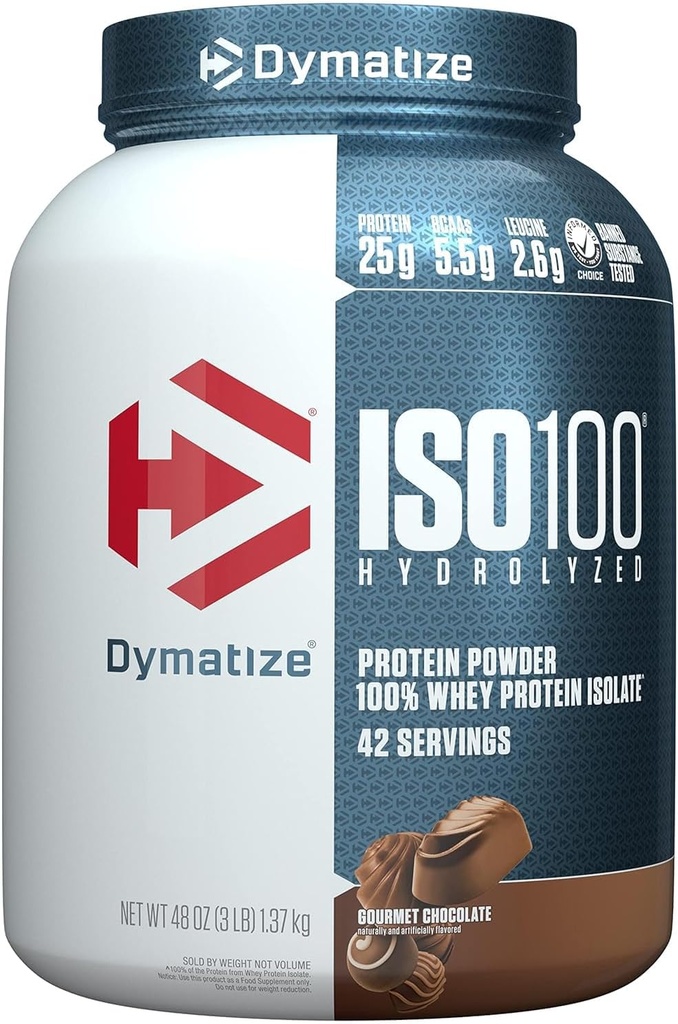 Dymatisere ISO100 Hydrolyzed Protein Powder, 100% Whey Isolate Protein, 25g protein, 5,5g BCAA, Gluten Free, Hurtig Absorbing, Easy Digesting, Gourmet Chokolade, 3 Pund (42 Servere)