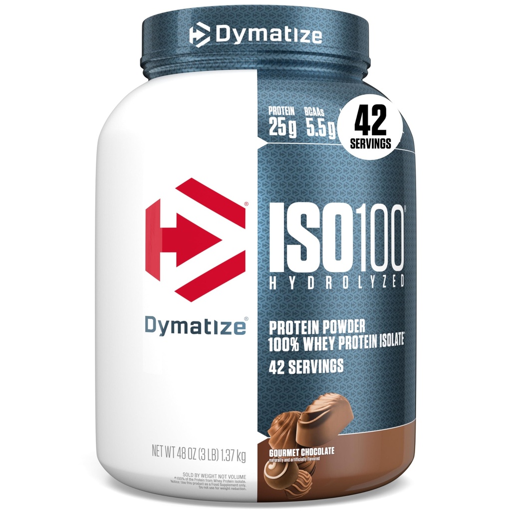 Dymatisere ISO100 Hydrolyzed Protein Powder, 100% Whey Isolate Protein, 25g protein, 5,5g BCAA, Gluten Free, Hurtig Absorbing, Easy Digesting, Gourmet Chokolade, 3 Pund (42 Servere)