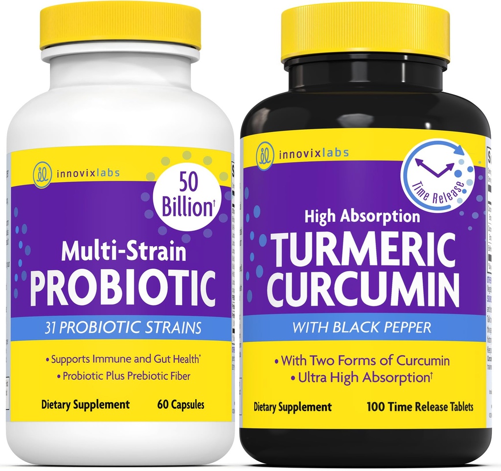 InnovixLabs Multi Probiotic & Curcumin Bundle Multi- Strain Probiotic (60 tids- release kapsler) Gurkemeje (100 tids- release tabletter). Understøtter Gut og immunforsvar. *