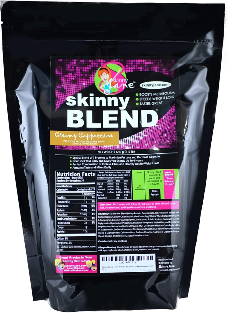 Skinny Blend - High Protein Shake for Women - Lav Carb, Keto Friendly Meal Erstatning - Tilfredsstillende Hunger, Boost Energy - 30 Shakes - Cremet Cappuccino