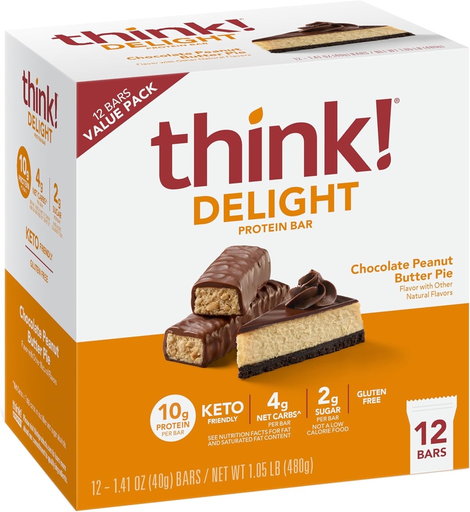Tænk! Delight Protein Barer, Chokolade Peanut Butter Pie, Low Sugar & Low Carb Gluten- Free Snack, Keto Friendly Snacks, 12 Greve (Packaging May Vary)