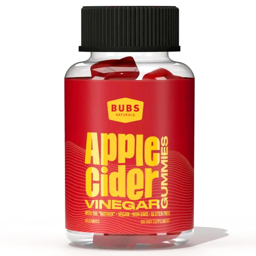 BUBS Naturals Apple Cider Vinegar Gummies med The Mother, Alle naturlige Vegansk ACV Gummy Vitaminer, Understøtter Detox, Fordøjelse & Energi Booster med B Vitaminer, 60 Greve