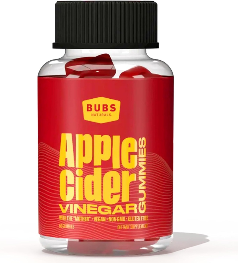 BUBS Naturals Apple Cider Vinegar Gummies med The Mother, Alle naturlige Vegansk ACV Gummy Vitaminer, Understøtter Detox, Fordøjelse & Energi Booster med B Vitaminer, 60 Greve