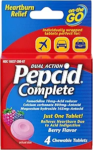 Pepcid Complete Acid Reducer + Antacida for Acid Reflux, 10mg Famotidin, 800mg Calciumcarbonat & 165mg Magnesiumhydroxid per Antacida Chew, Individuelle Pakninger, Berry Flavored, 4 ng