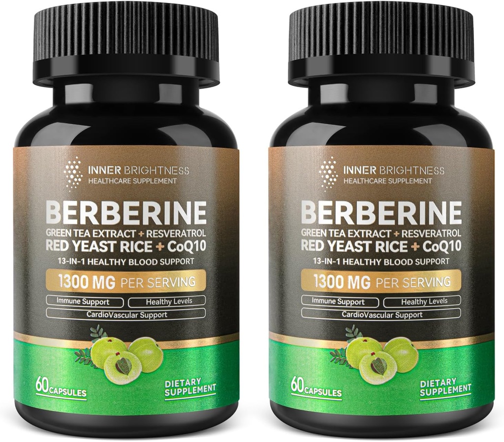 Berberine 1300mg med Green Tea Extract, Resveratrol, Red Yeast Rice & CoQ10 - 13-in-1 Immunsundhed, Natural Metabolic Support - 60 kapsler - Non- GMO, Lab Testet - 2 Pack