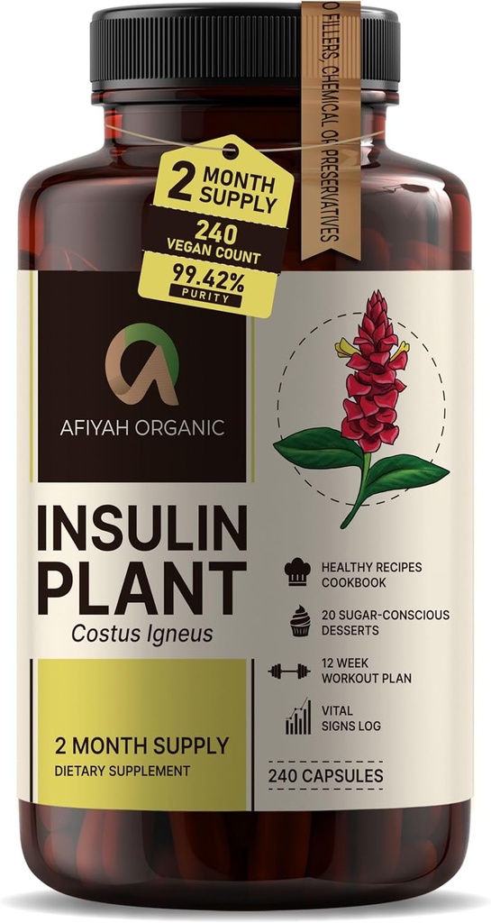 Premium Quality Costus Igneus (Insulin Plant) Capsules - Easy to Swallow 240 Veggie Capsules (2 Month Supply) - Made in The USA - Including Complete Health Support Program