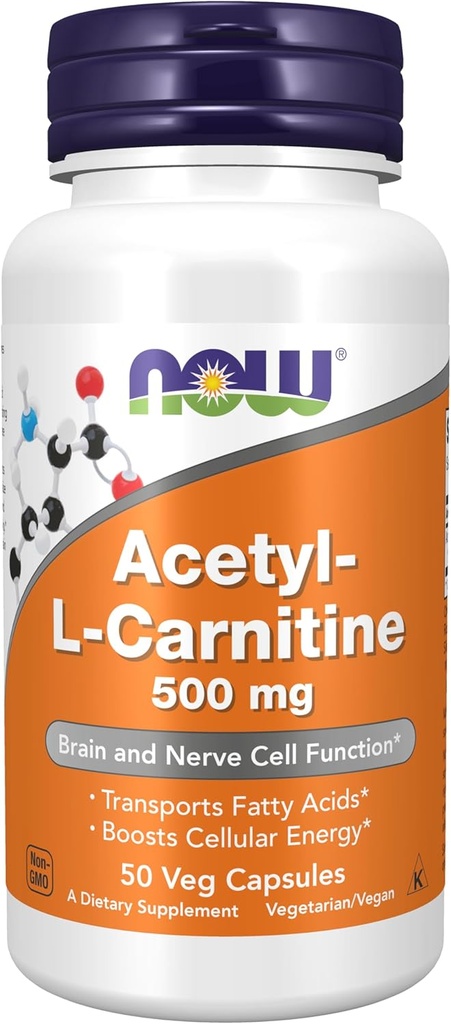 Now Foods Supplements, Acetyl- L Carnitin 500 mg, Aminosyre, Brain and Nerve Cell Function *, 50 Veg Kapsler