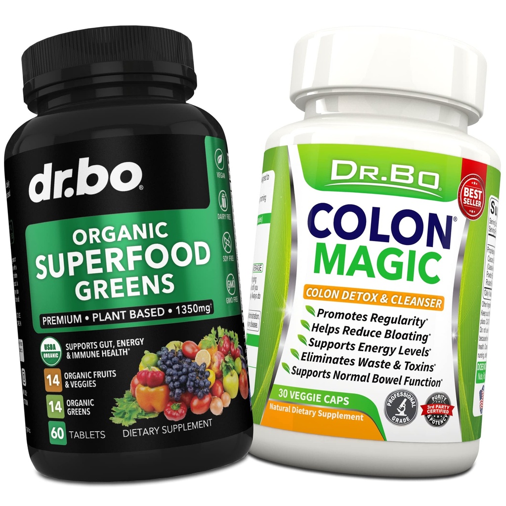 Økologisk Superfood Grønne & Frugt Kosttilskud - Colon Cleanse Detox Formel til intestinal Bloating - Grøn Veggie Powder Blend Vegetabilske fødevarer & Forstoppelse Relief Supplement Gut, Belly, Mave