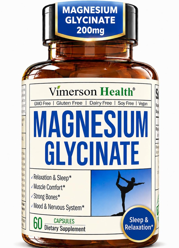 Vimerson Health Magnesium Glycinate 200mg for Sleep, Relaxation & Muscle Support – Chelated, Bioavailable, Vegan and Gentle on Stomach – 60 Capsules