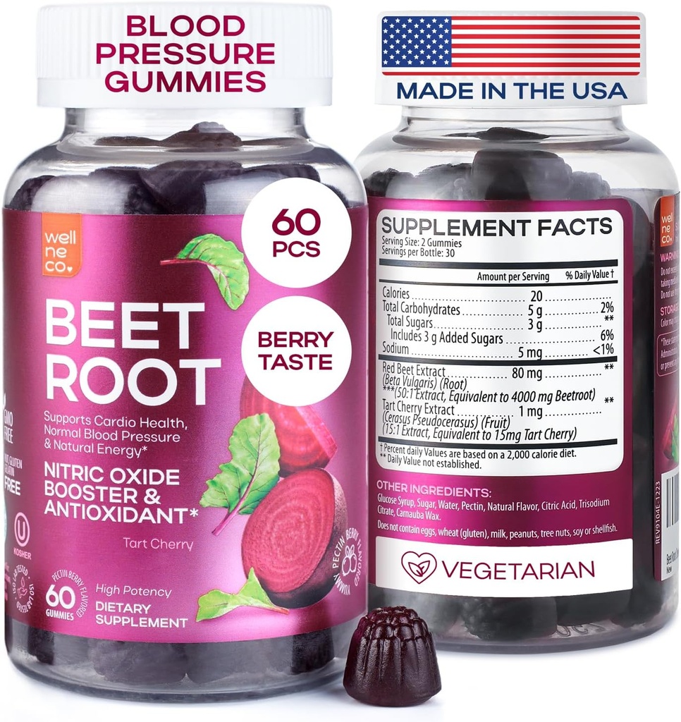Beet Chews for High Blood Pressure - Beet Root Gummies Made in USA with Tart Cherry - Nitrooxid Kosttilskud til energi og Cardio Sundhed - Vegan, Ingen GMO, Pectin baseret - for kvinder og mænd, 60 Pcs