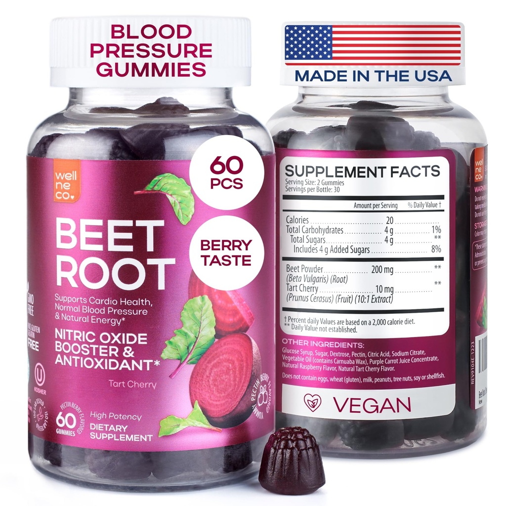 Beet Chews for High Blood Pressure - Beet Root Gummies Made in USA with Tart Cherry - Nitrooxid Kosttilskud til energi og Cardio Sundhed - Vegan, Ingen GMO, Pectin baseret - for kvinder og mænd, 60 Pcs
