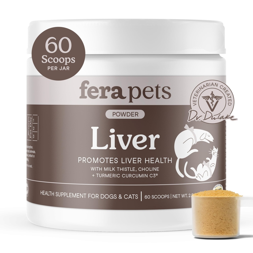 Fera kæledyr lever supplement til hunde & katte med mælk tidsel, cholin & gurkemeje - Økologiske botanicals - Forbedrer leverfunktionen, Immunitet, afgiftning, & metaboliske funktion - Pulver - 60 Scoops