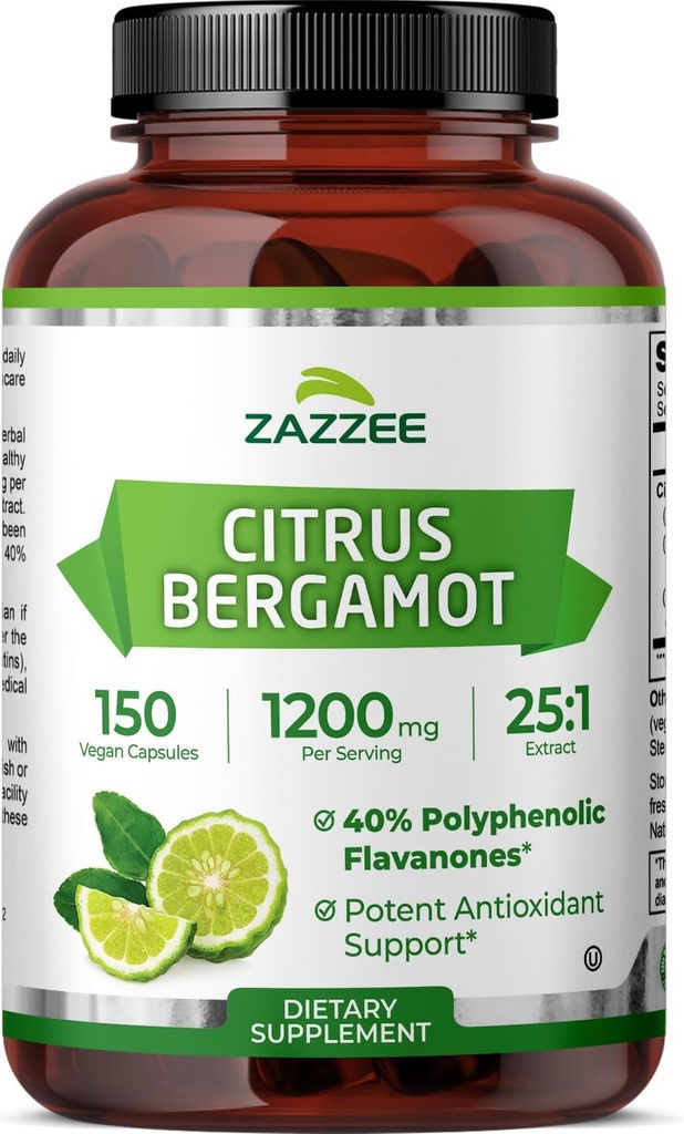 Zazzee Citrus Bergamot 25: 1 Extract 1200 mg, 40% Polyphenolske Flavanoner, 150 Vegan Kapsler, Kosher, Koncentreret og Standardiseret 25X Potency, Non-GMO og All- Natural, Lavet i USA