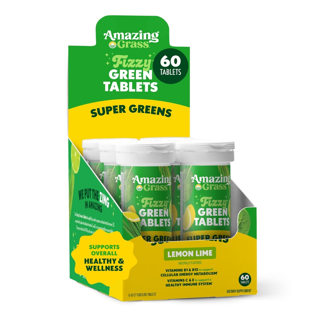 Amazing Grass Effervescent tabletter: Green Superfood vand smag tabletter med antioxidanter & alkaliserende grønne, Lemon Lime, 60 Greve