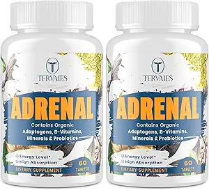 Adrenal Support Adaptogens Urter Kosttilskud - Cortisol Supplement med Rhodiola Rosea, Ashwagandha, Holy Basil og Eleuthero-Mood og energistøtte til kvinder & men- non-GMO, 120 Vegan Tablets