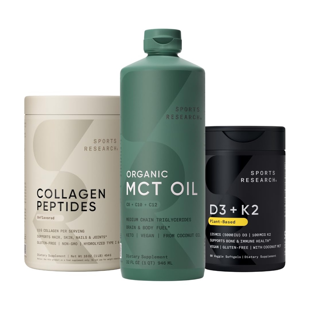 Sports Research Collagen Peptider Hydrolyseret Type 1 & 3 Collagen Powder Protein Supplement, Keto MCT Olie fra økologiske kokosnødder - Triple Ingredient C8, C10, C12 MCTs og vitamin D3 K2 med kokosolie
