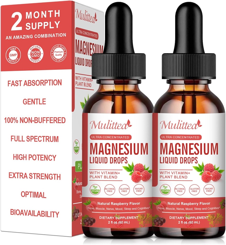 Magnesium Glycinate Liquid Drop - Triple Absorption Supplement til støtte nerver, søvn, rolig, hjerte, muskler * -sukkerfri med kalium, L-Theanin, Sea Moss, vitamin B, C, D3, K2-2Pack