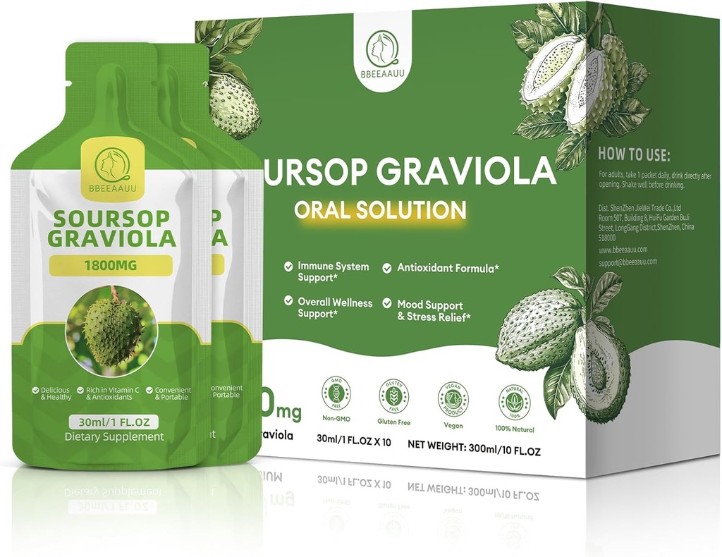 Soursop Graviola Oral Liquid 10 FL.OZ, High Absorption Soursop Bitters Drink til kvinder & mænd, Frisk Graviola Fruit Extract til Cell * Regeneration, Immun & Antioxidant Support, Ananas Arv