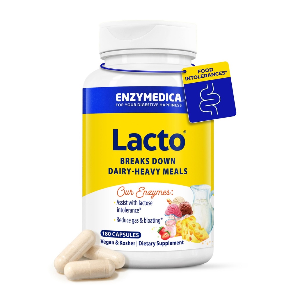 Enzymedica Lacto, Advanced Lactase Pills for Dairy Support, Hjælper Break Down Lactose, Casein & Fat, Dairy Relief Pills, Vegan, 180 Kapsler