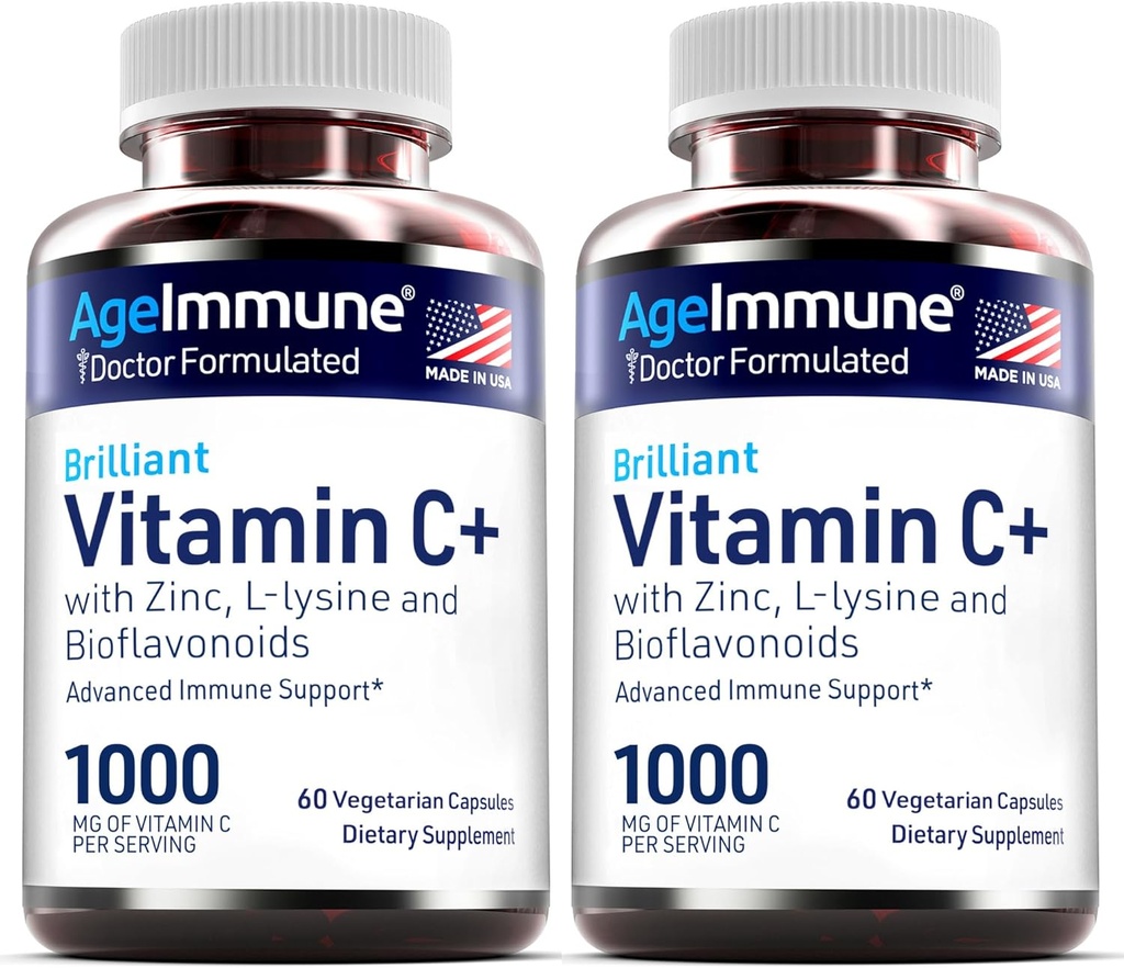 Vitamin C 1000mg Kompleks med L- Lysin 500mg, Zink Gluconat 12mg, Bioflavonoider 300mg. Doctor Formuleret Magnesium Stearate Free Supplements for Sund Immunsystemet Support. To flasker. (2)