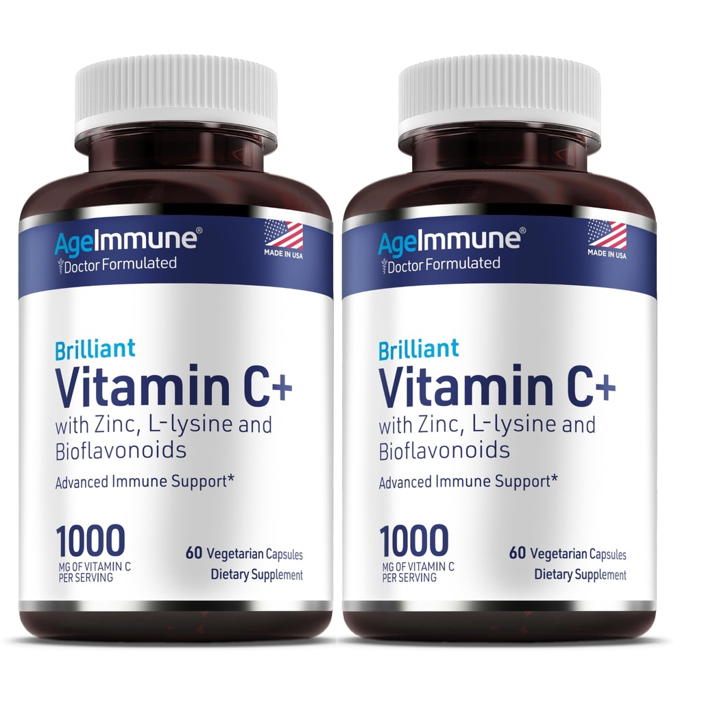 Vitamin C 1000mg Kompleks med L- Lysin 500mg, Zink Gluconat 12mg, Bioflavonoider 300mg. Doctor Formuleret Magnesium Stearate Free Supplements for Sund Immunsystemet Support. To flasker. (2)
