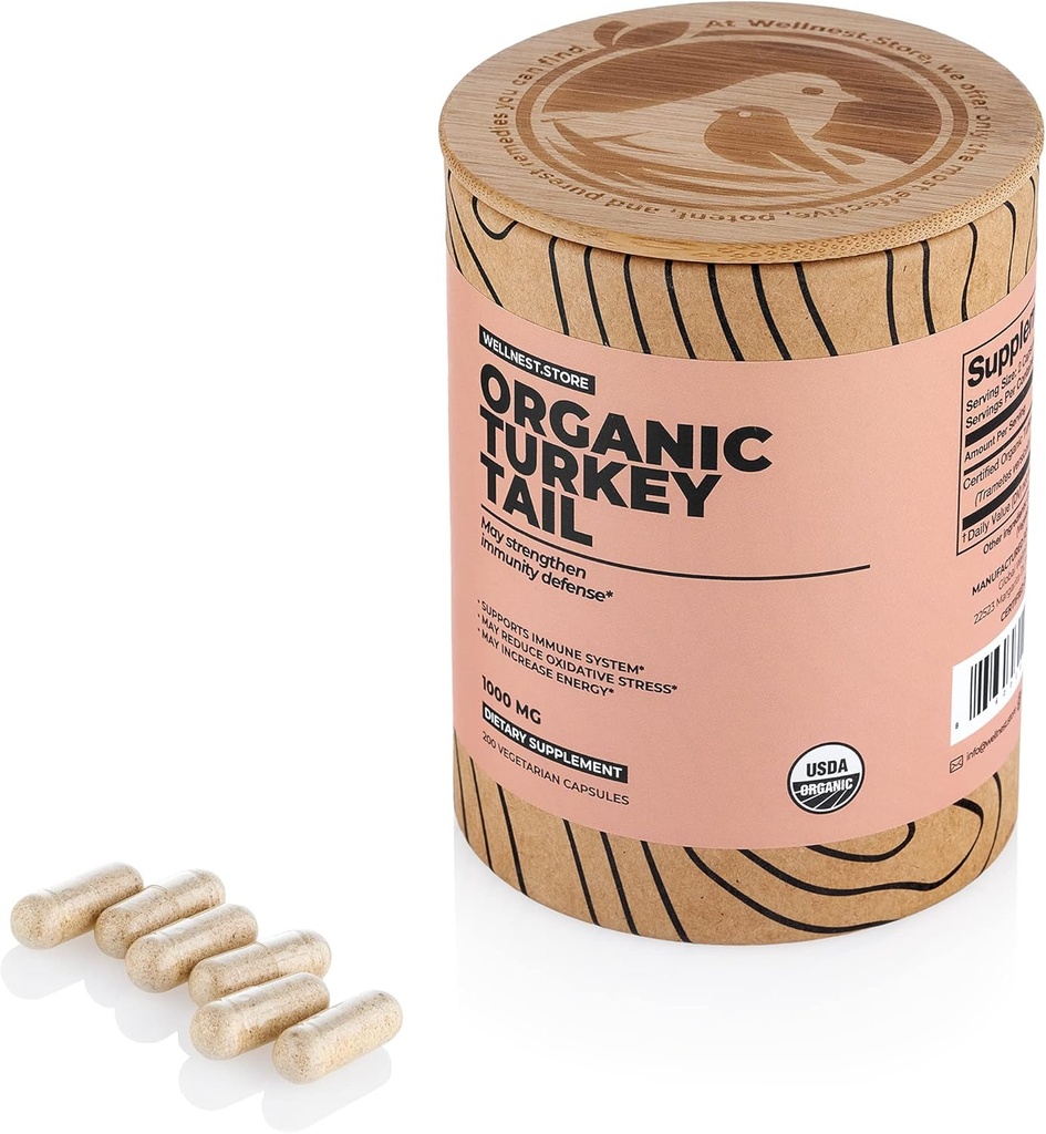 Wellrede. Store Tyrkiet Tail Organic Mushroom (Trametes Extract) 200 Veggie Caps - Immun Support; fremmer vækst af modtagelige bakterier i Gut + øger energi