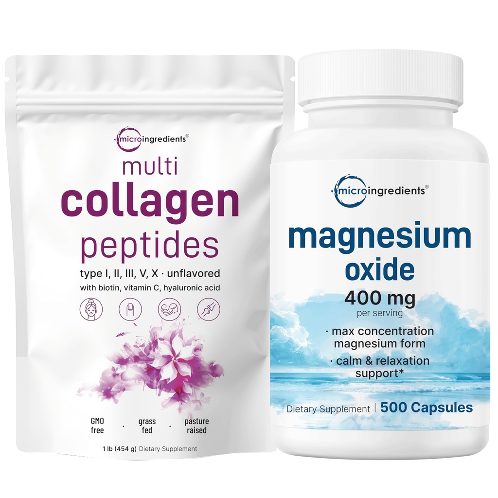 Mikroingredienser Multi Collagen Protein Powder 16oz & Magnesium Oxide 400mg Bundle Pack- 124; Grass- Fed Collagen Peptider