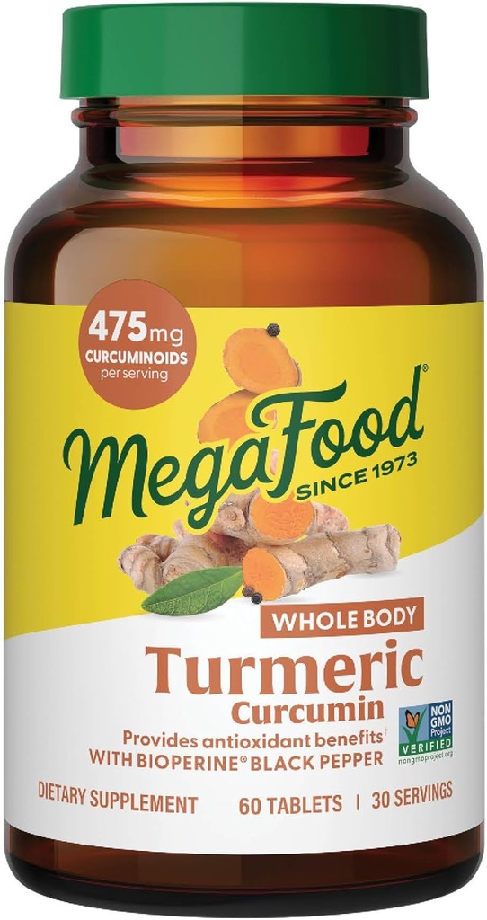 MegaFood hele kroppen gurkemeje supplement - gurkemeje tillæg med sort peber & C-vitamin - 475 mg curcuminoider per servering - Antioxidant & immunforsvar - Vegan - 60 tabletter, 30 servering