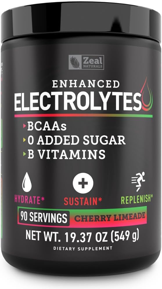 Zeal Naturals Electrolyte Powder Recovery Drink (90 Servings MSD 124; Cherry Limeade) w 0 Sugar + BCAAs + B- Vitaminer Electrolyte Supplement w Kalium Zink & Magnesium for Hydration - Keto Electrolytes