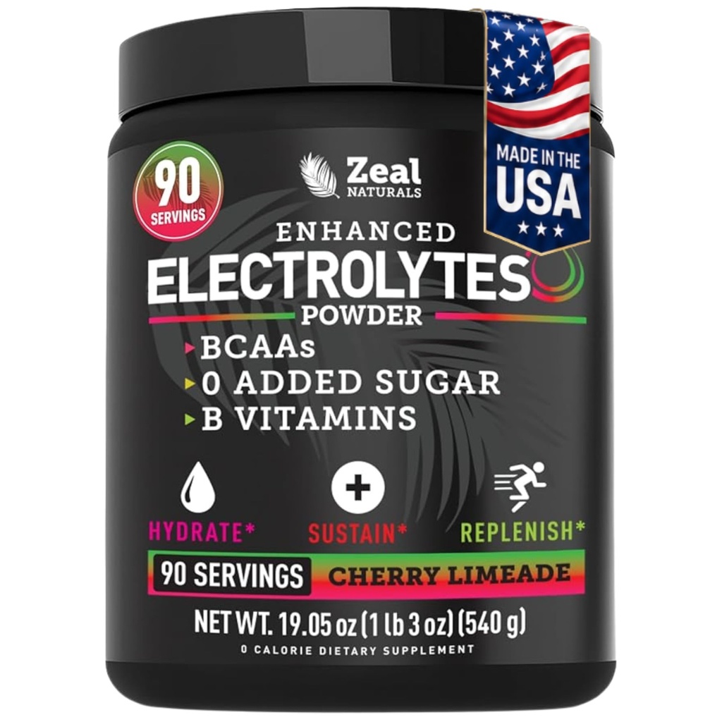 Zeal Naturals Electrolyte Powder Recovery Drink (90 Servings MSD 124; Cherry Limeade) w 0 Sugar + BCAAs + B- Vitaminer Electrolyte Supplement w Kalium Zink & Magnesium for Hydration - Keto Electrolytes