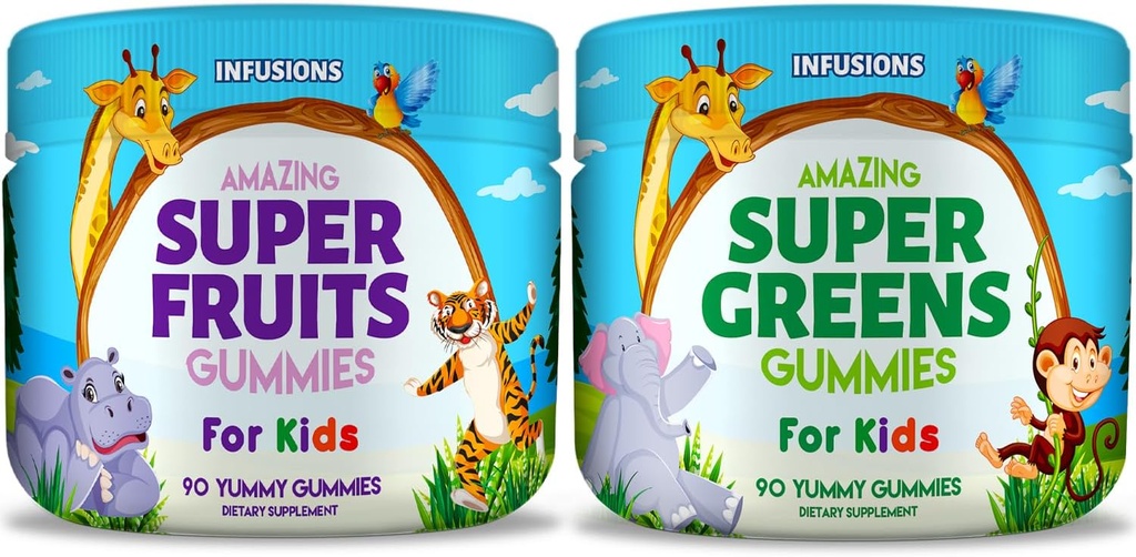 Infusioner Super Fruit og Super Green Gummies for Kids 180 Count Superfood Blend Soft and Delicious Gluten Free Non- GMO