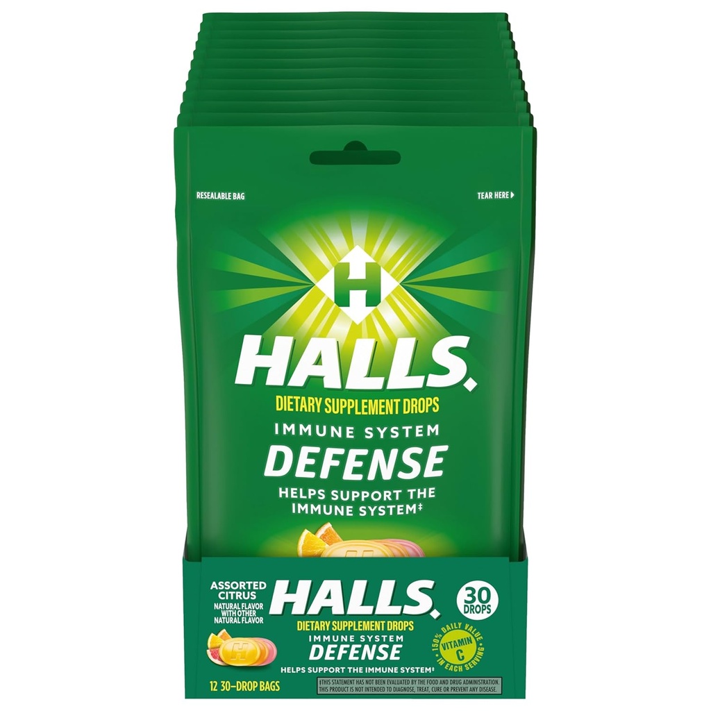 HALLS Defense Assorted Citrus Vitamin C Drops, Kosttilskud Drops, 12 poser med 30 Drops (360 Total Drops)