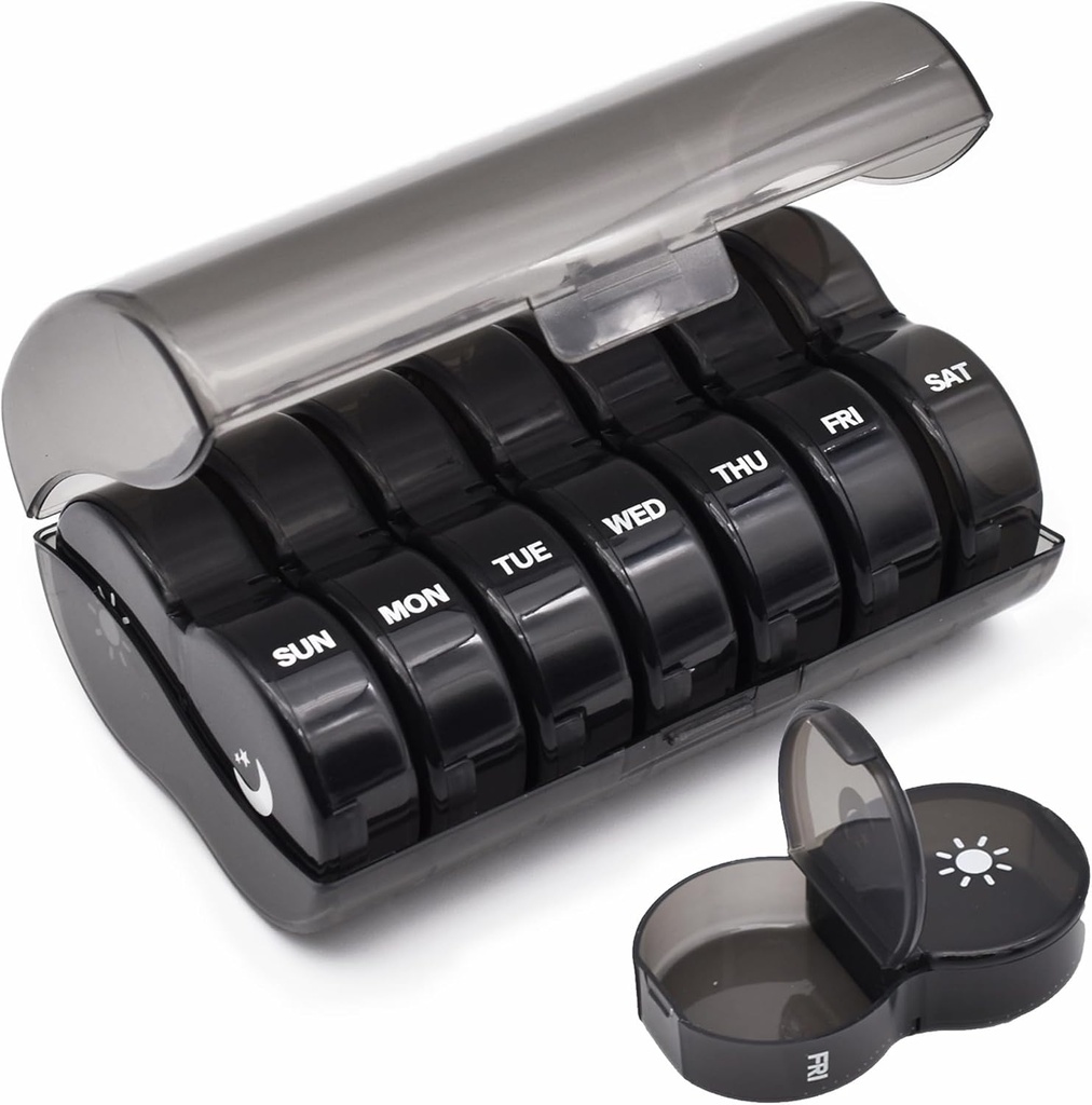 Ugentlig Pill Organizer, Stor 7 dages Pill Case, Daily Vitamin Case Medicine Box, AM / PM Pill Containers for Medicine Supplements Fish Oil (sort)