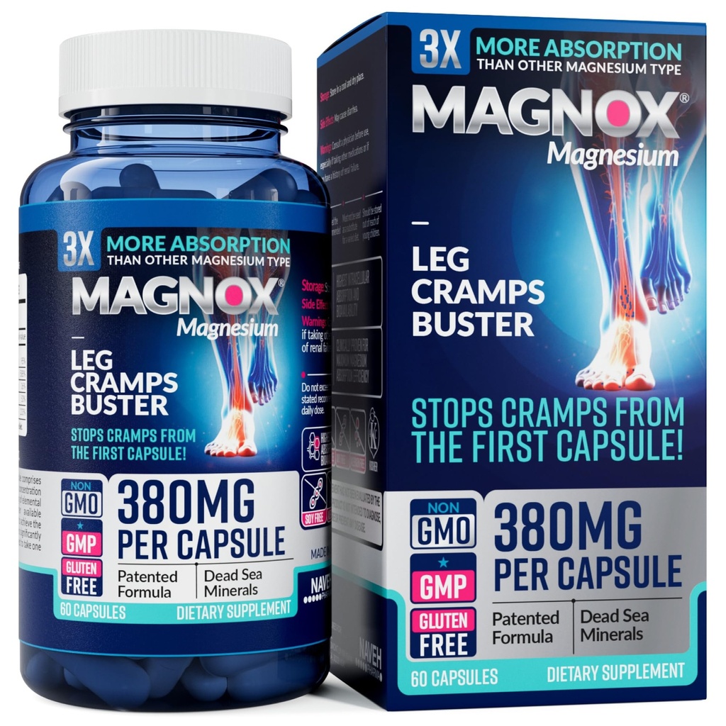 MAGNOX® Buster | Patented Clinically Tested 380mg Magnesium Supplement for Spasms & Leg Cramps at Night | One Capsule a Day for Almost Full Dosage | 3X More Absorption | Dead Sea Minerals (60 Caps)