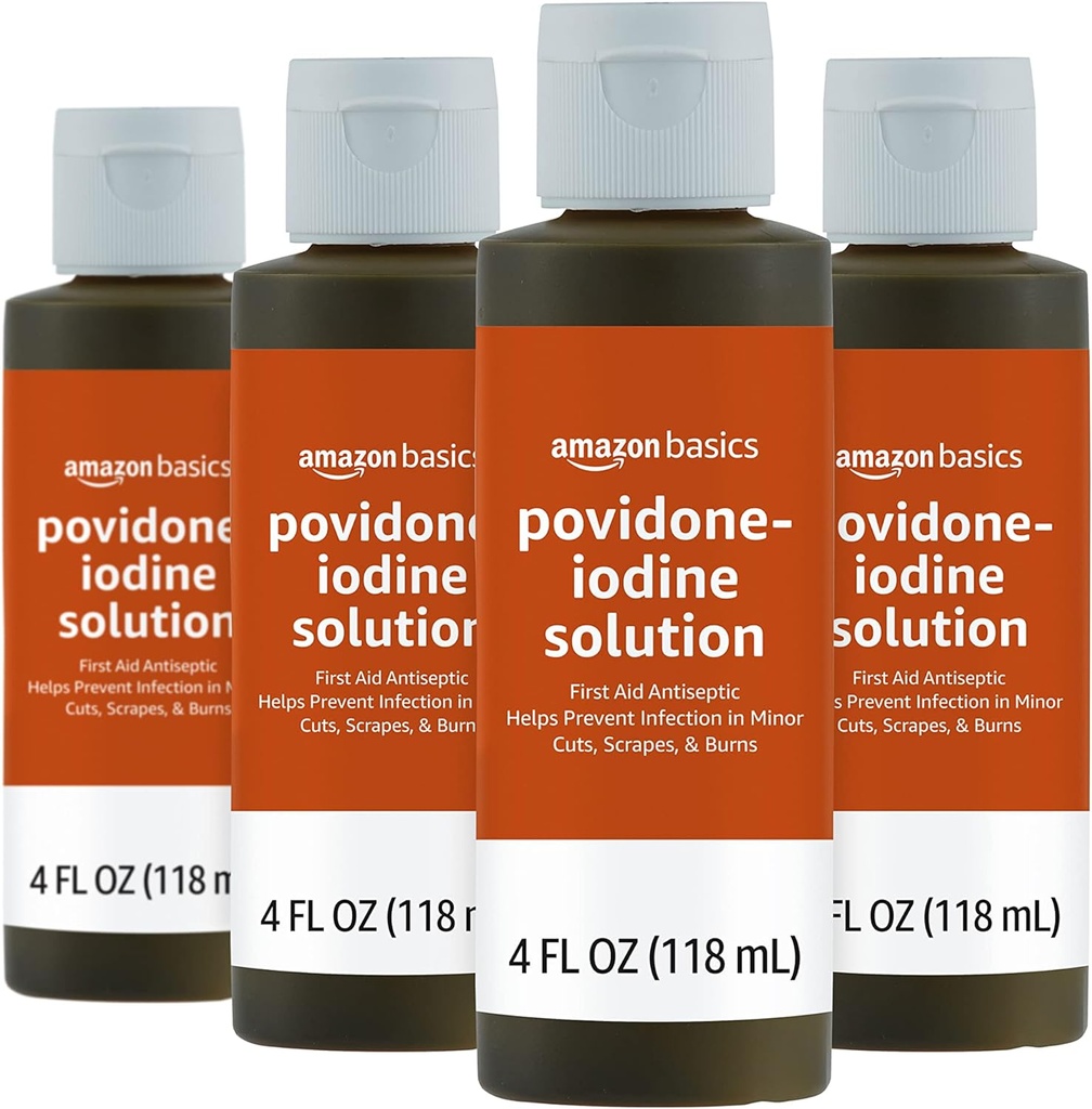Grundlæggende førstehjælp Antiseptisk, 10% Povidon Jod Solution, 4 Fluid Ounces, 4- Pack (Tidligere Solimo)